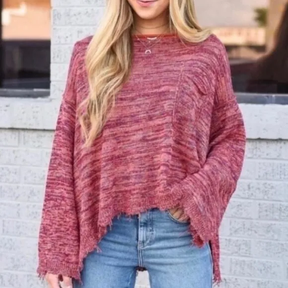 Free People Sweater Pink Prism Space Dye Knit Pullover Flare Cuff Raw Edge Small