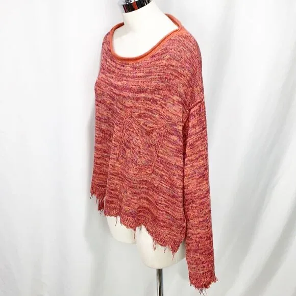Free People Sweater Pink Prism Space Dye Knit Pullover Flare Cuff Raw Edge Small