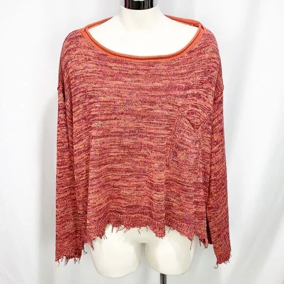 Free People Sweater Pink Prism Space Dye Knit Pullover Flare Cuff Raw Edge Small