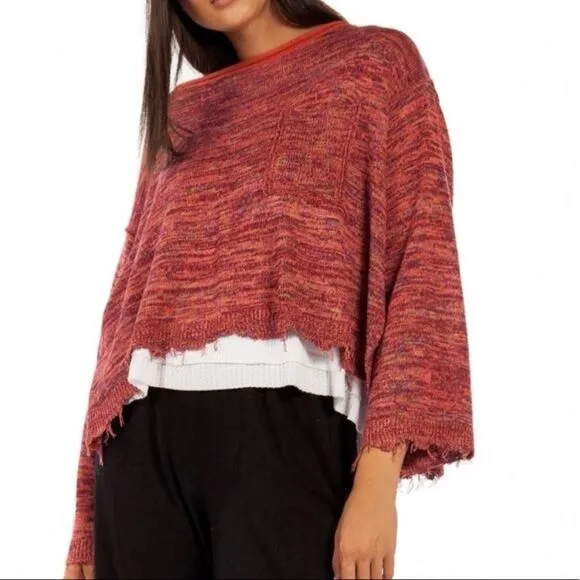 Free People Sweater Pink Prism Space Dye Knit Pullover Flare Cuff Raw Edge Small