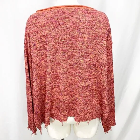 Free People Sweater Pink Prism Space Dye Knit Pullover Flare Cuff Raw Edge Small