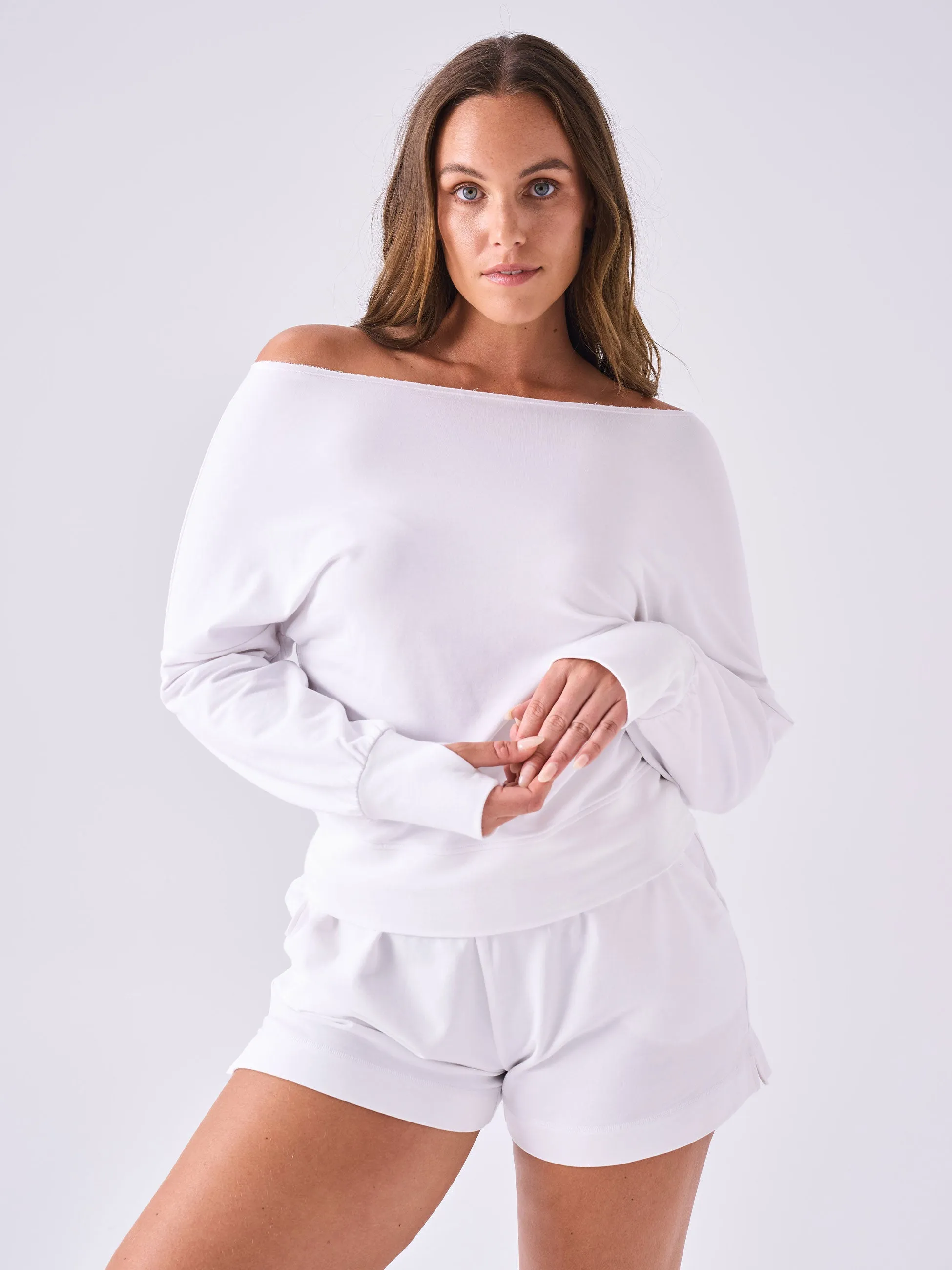 French Terry Off Shoulder Sweatshirt - White