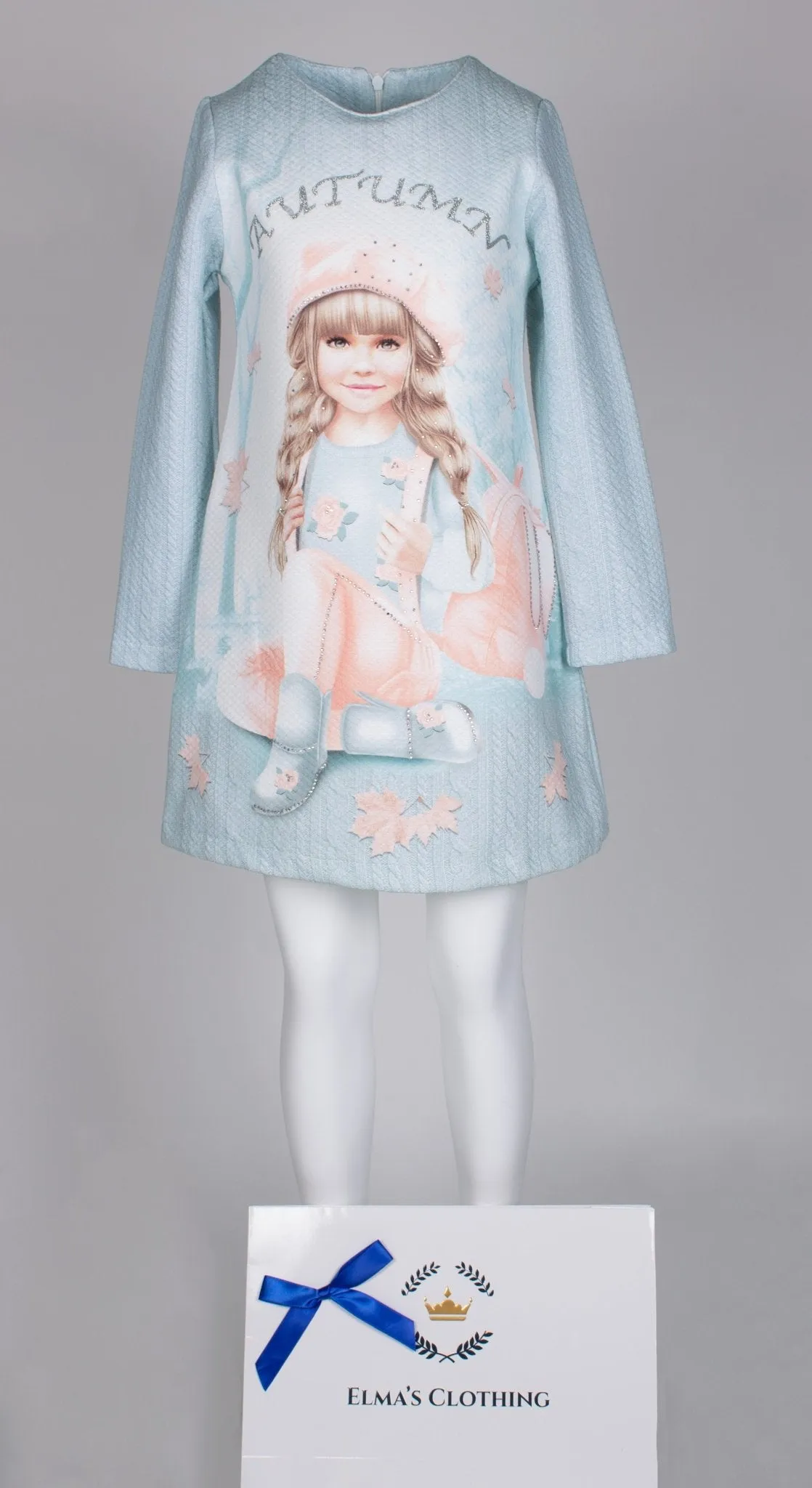 Girls Long Sleeve Light Blue Dress With Backpack
