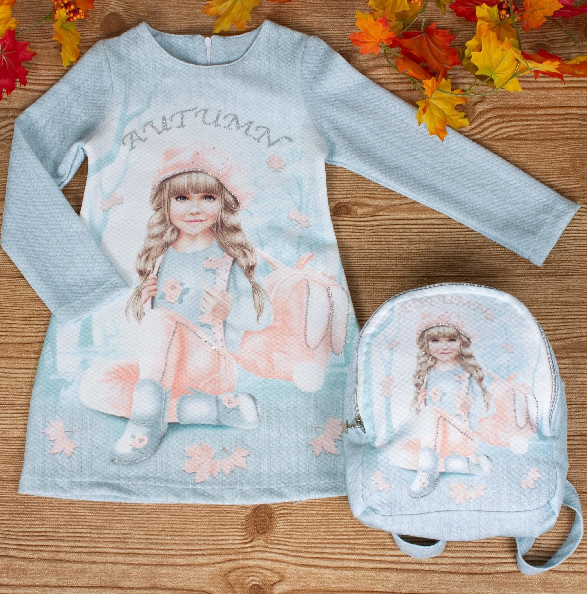 Girls Long Sleeve Light Blue Dress With Backpack