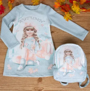 Girls Long Sleeve Light Blue Dress With Backpack