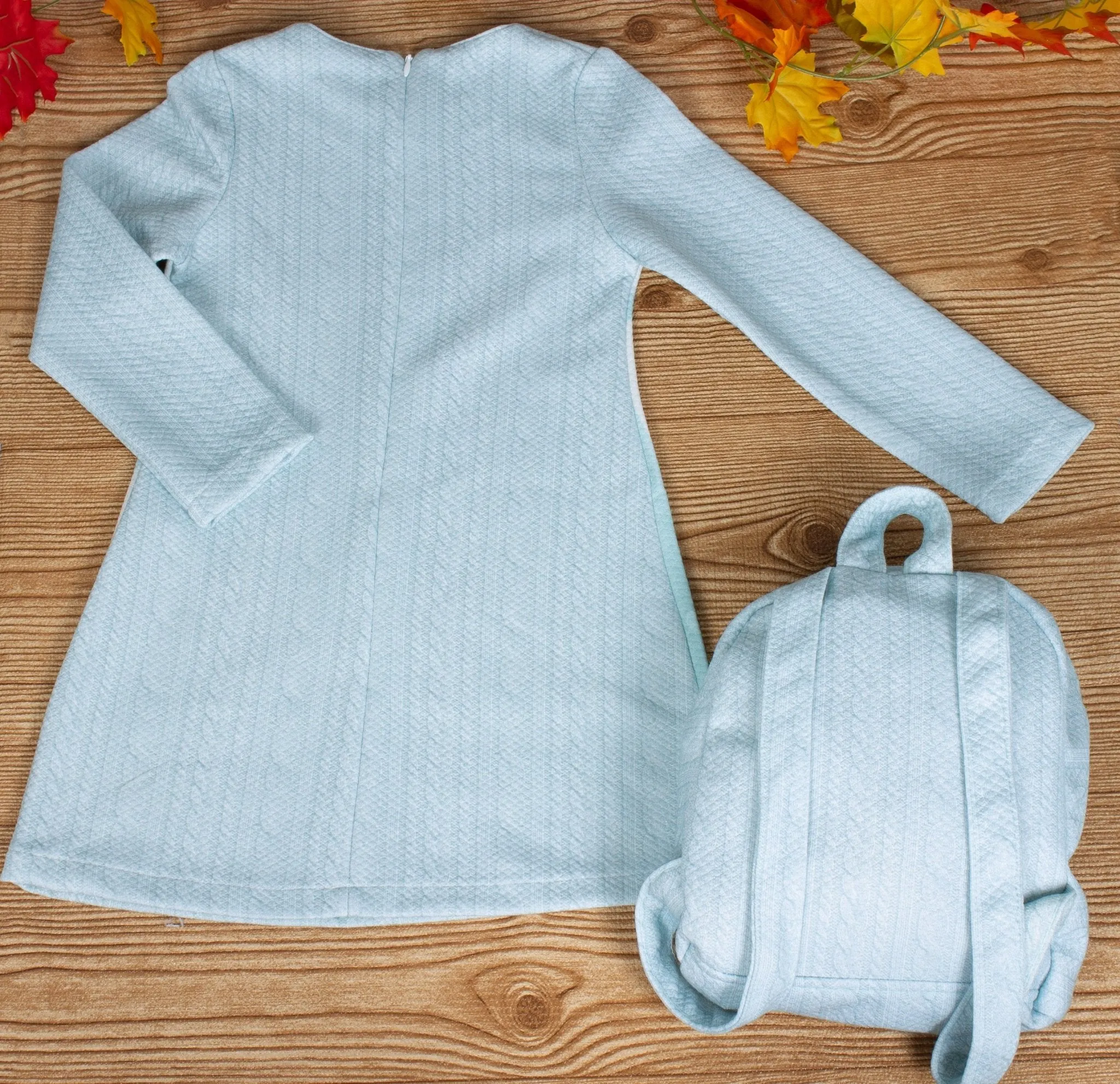 Girls Long Sleeve Light Blue Dress With Backpack