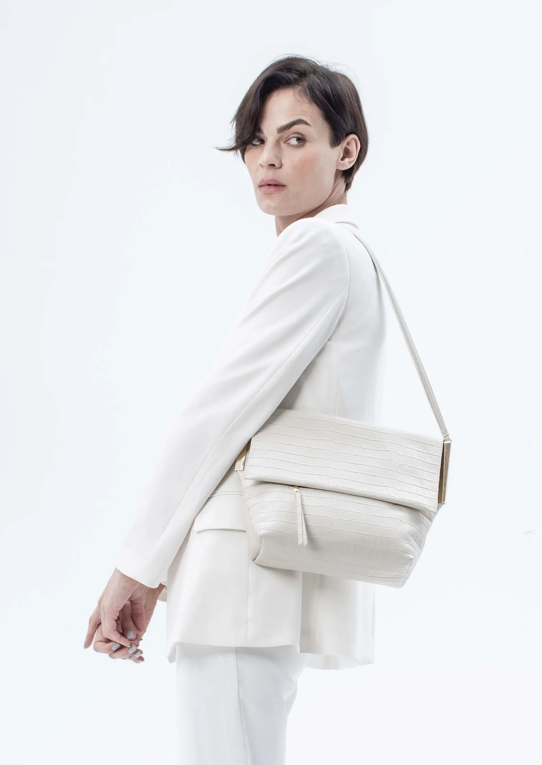 Giselle Leather Bag with Croc-Embossed Pattern, White