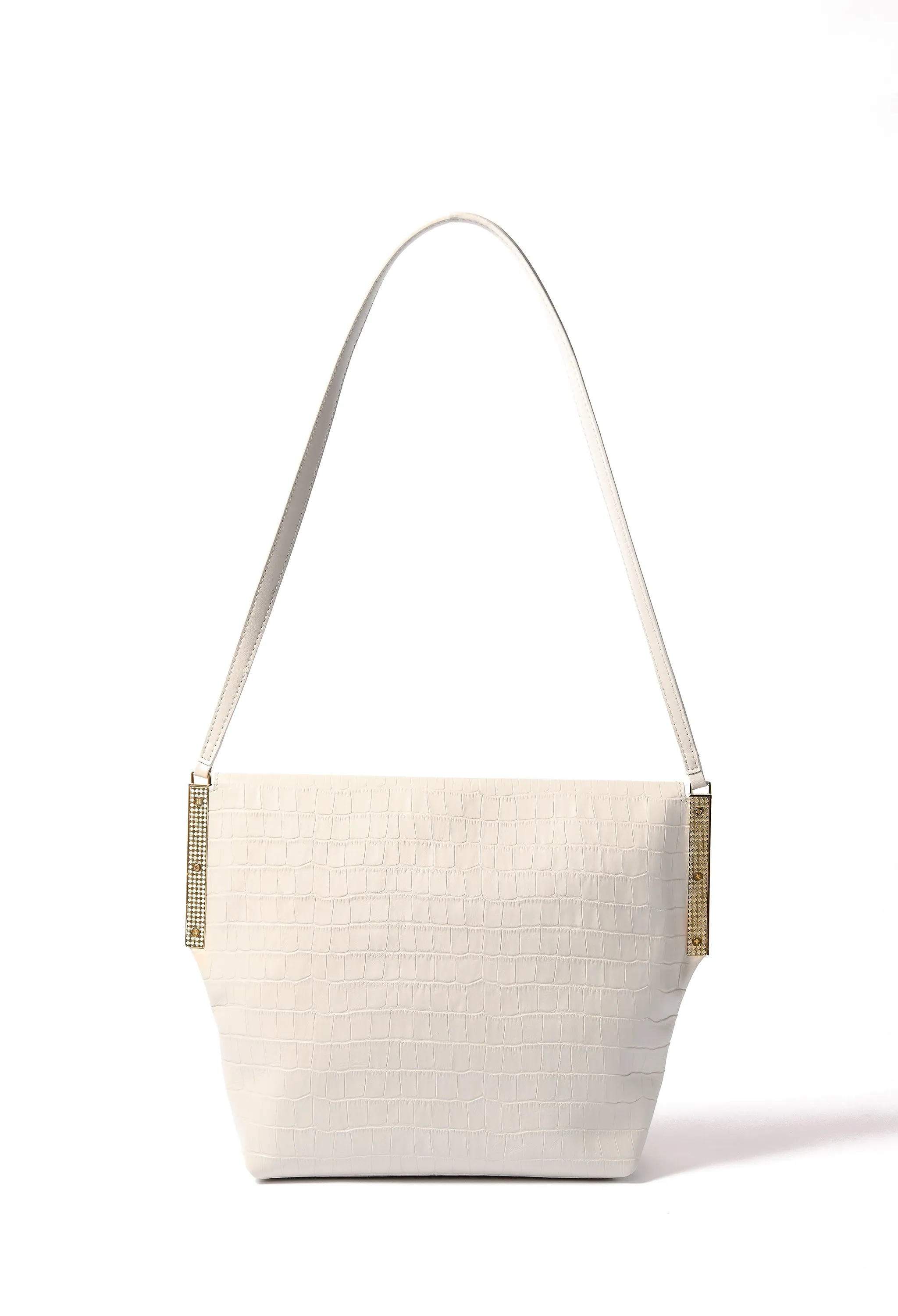 Giselle Leather Bag with Croc-Embossed Pattern, White