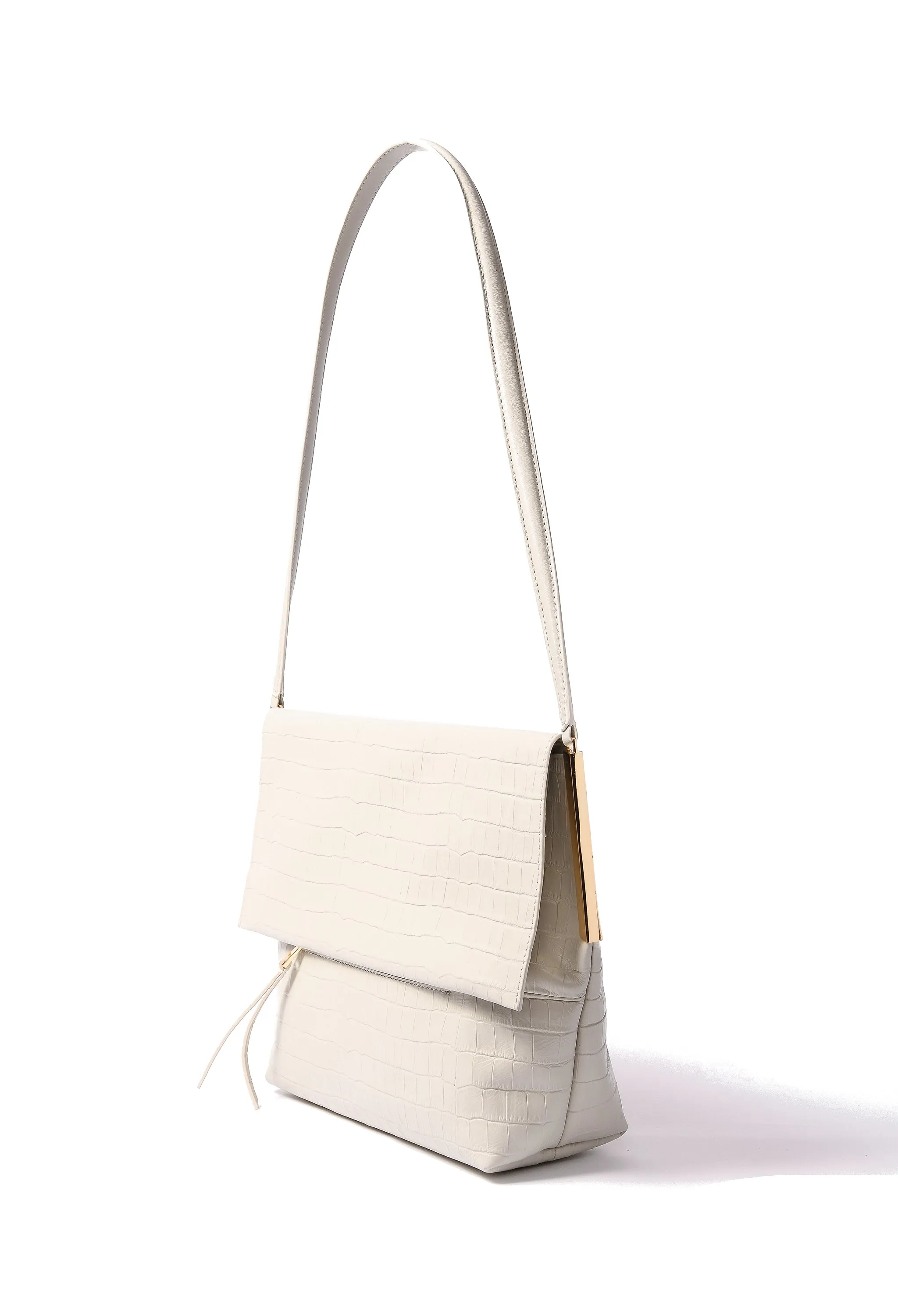 Giselle Leather Bag with Croc-Embossed Pattern, White