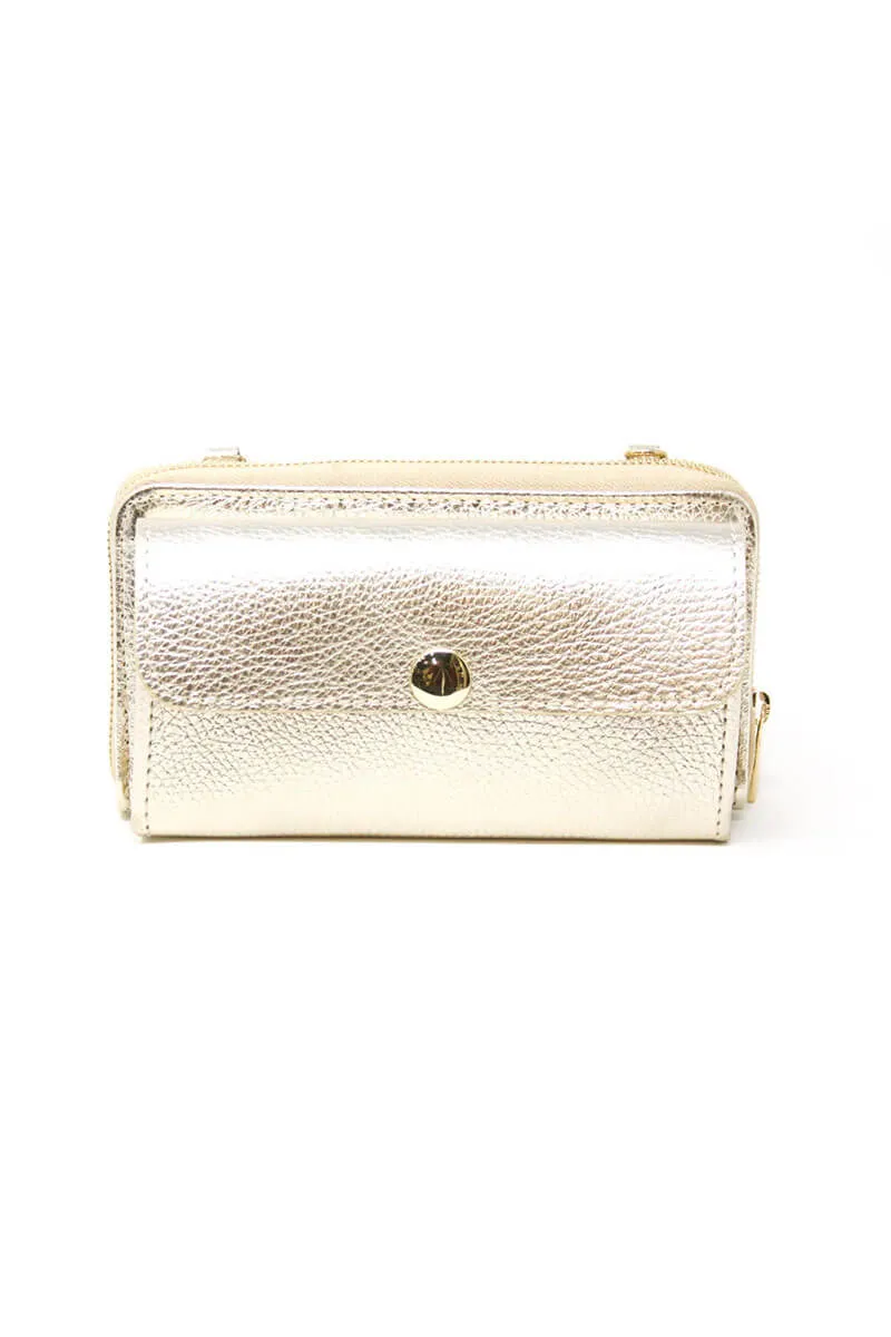 Gold Leather Wallet with Crossbody Strap