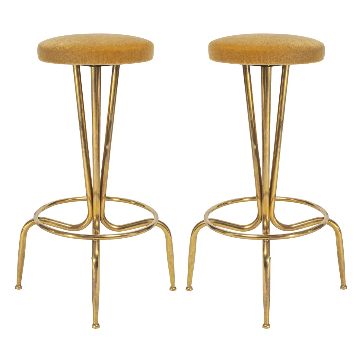 Gold Mohair Velvet Italian Brass Bar Stools - set of 2