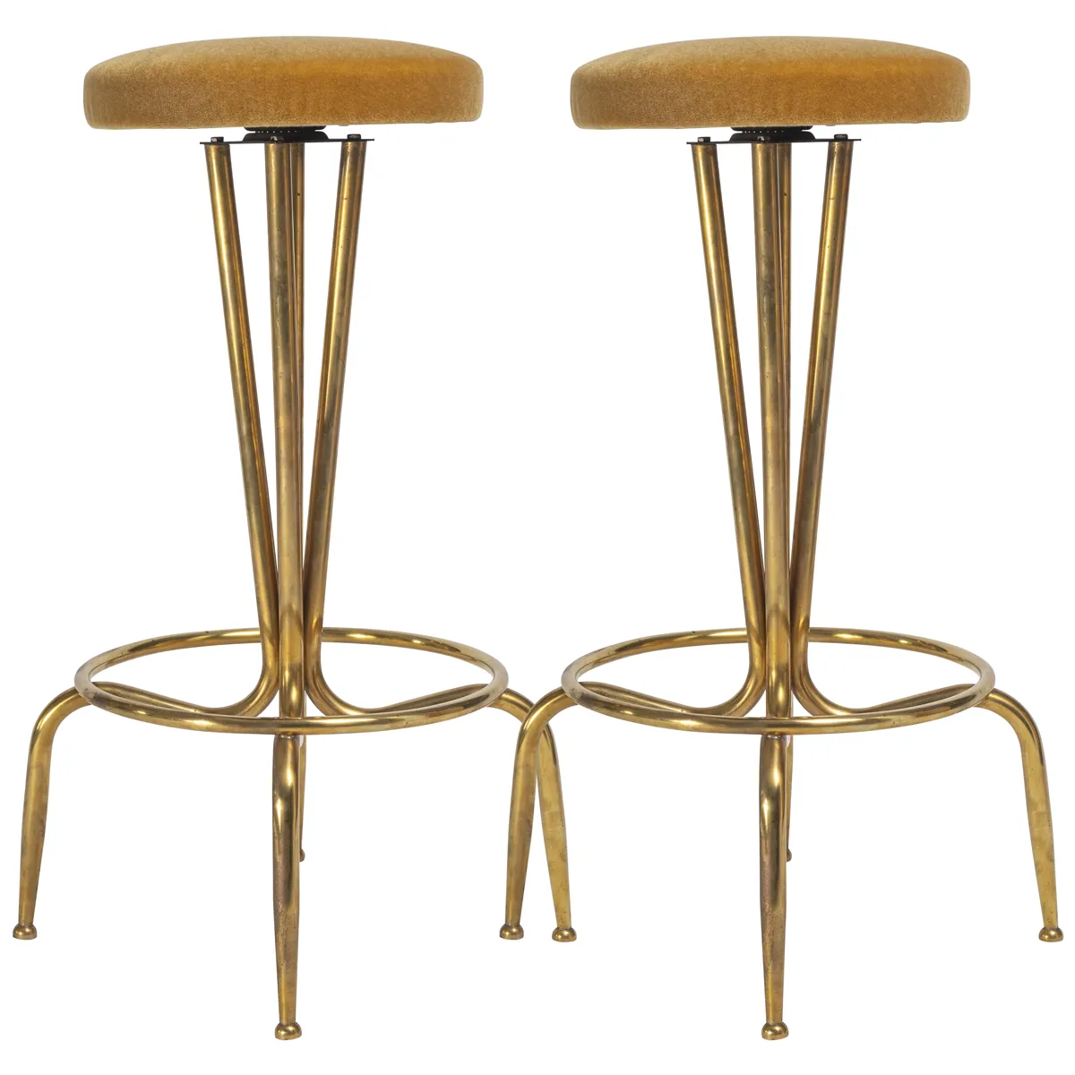 Gold Mohair Velvet Italian Brass Bar Stools - set of 2