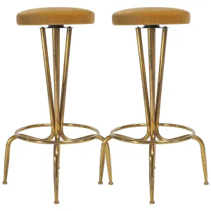Gold Mohair Velvet Italian Brass Bar Stools - set of 2