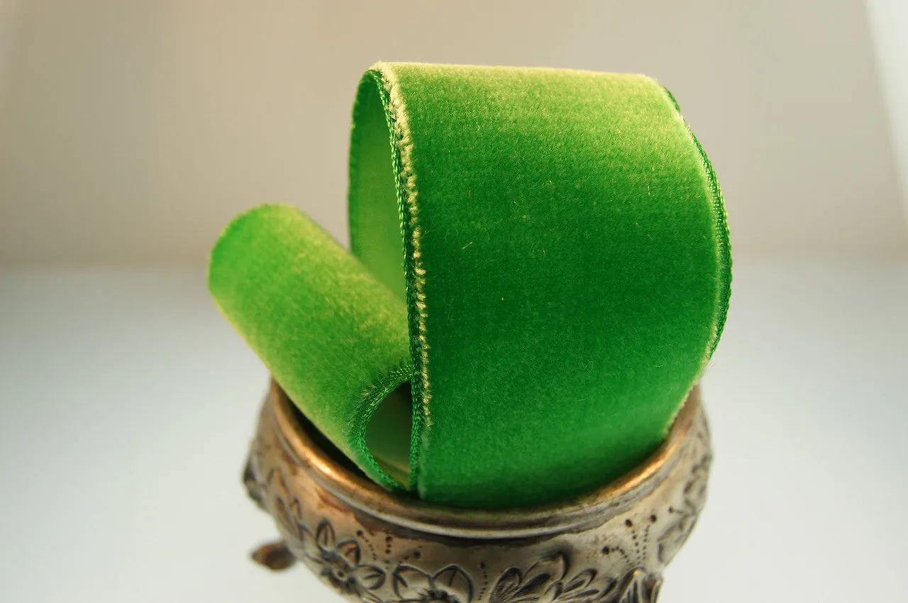 Grass Green Velvet Ribbon Vintage from France 36mm