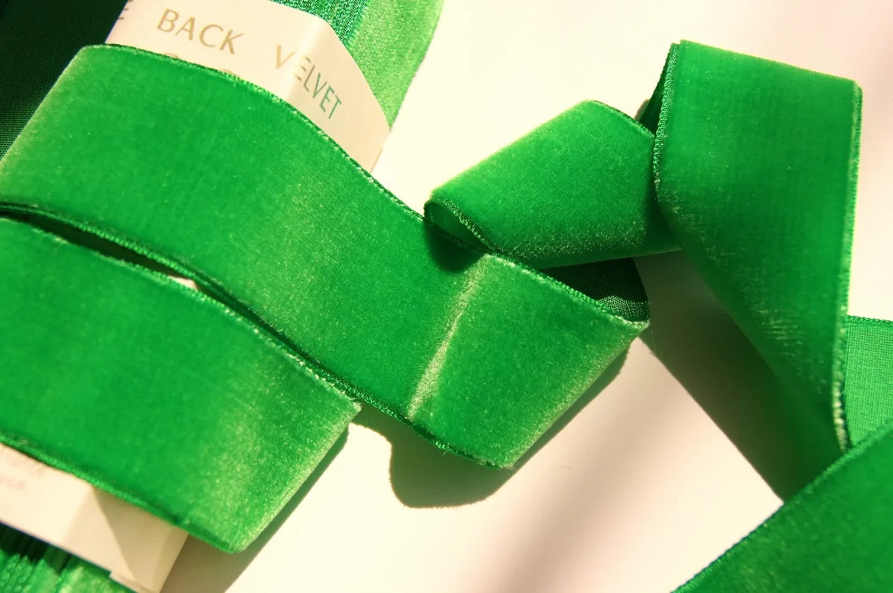 Grass Green Velvet Ribbon Vintage from France 36mm