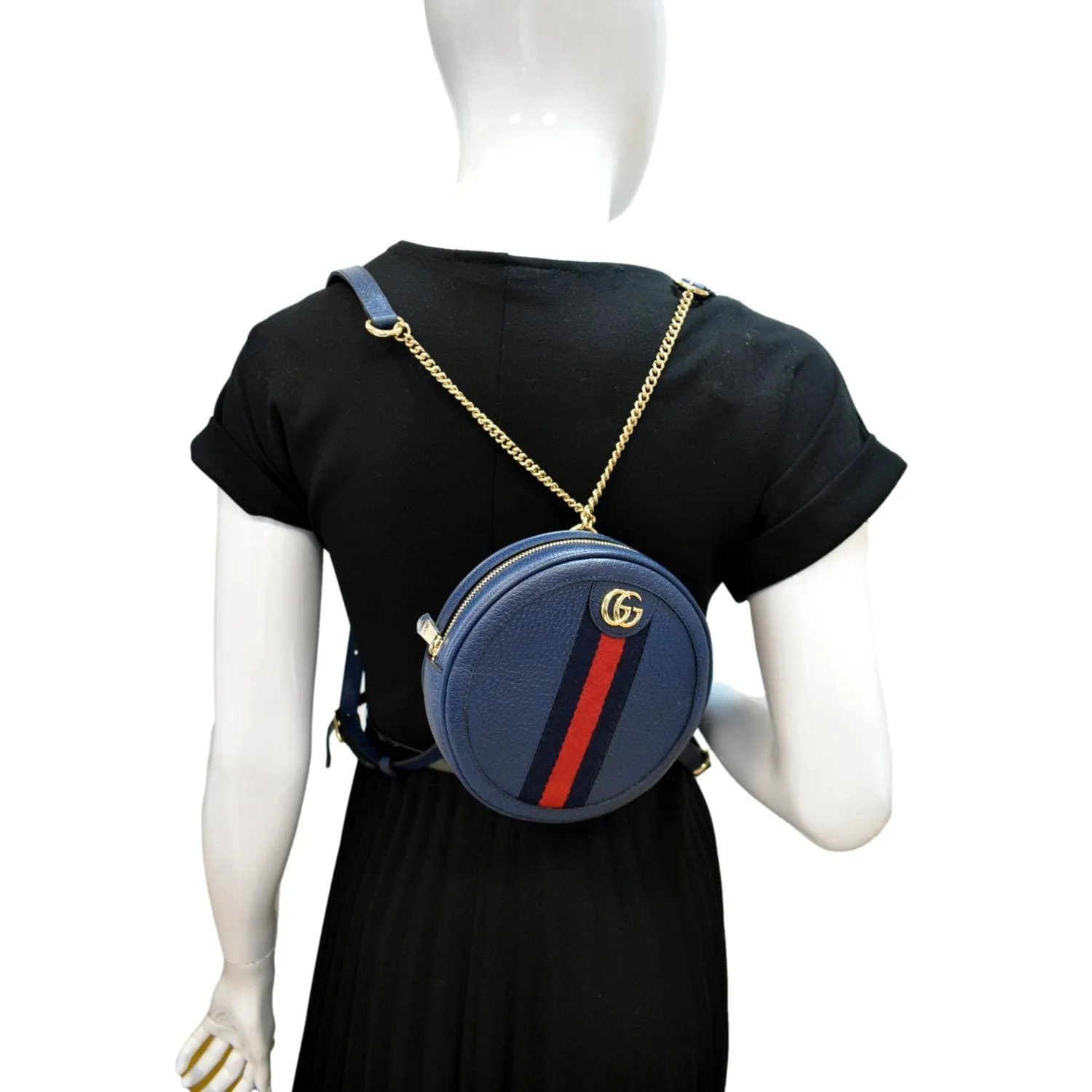 GUCCI Ophidia Mini GG Round Web Monogram Leather Backpack Bag Blue 598661