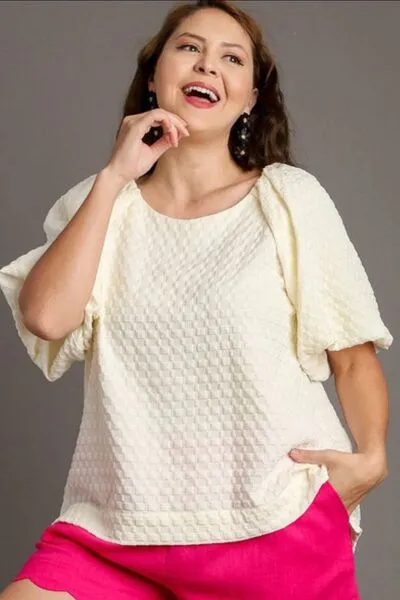 Hazel Blues® | Umgee Boxy Cut Jacquard Round Neck Top with Side Slit