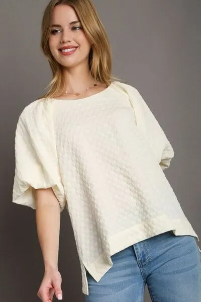 Hazel Blues® | Umgee Boxy Cut Jacquard Round Neck Top with Side Slit