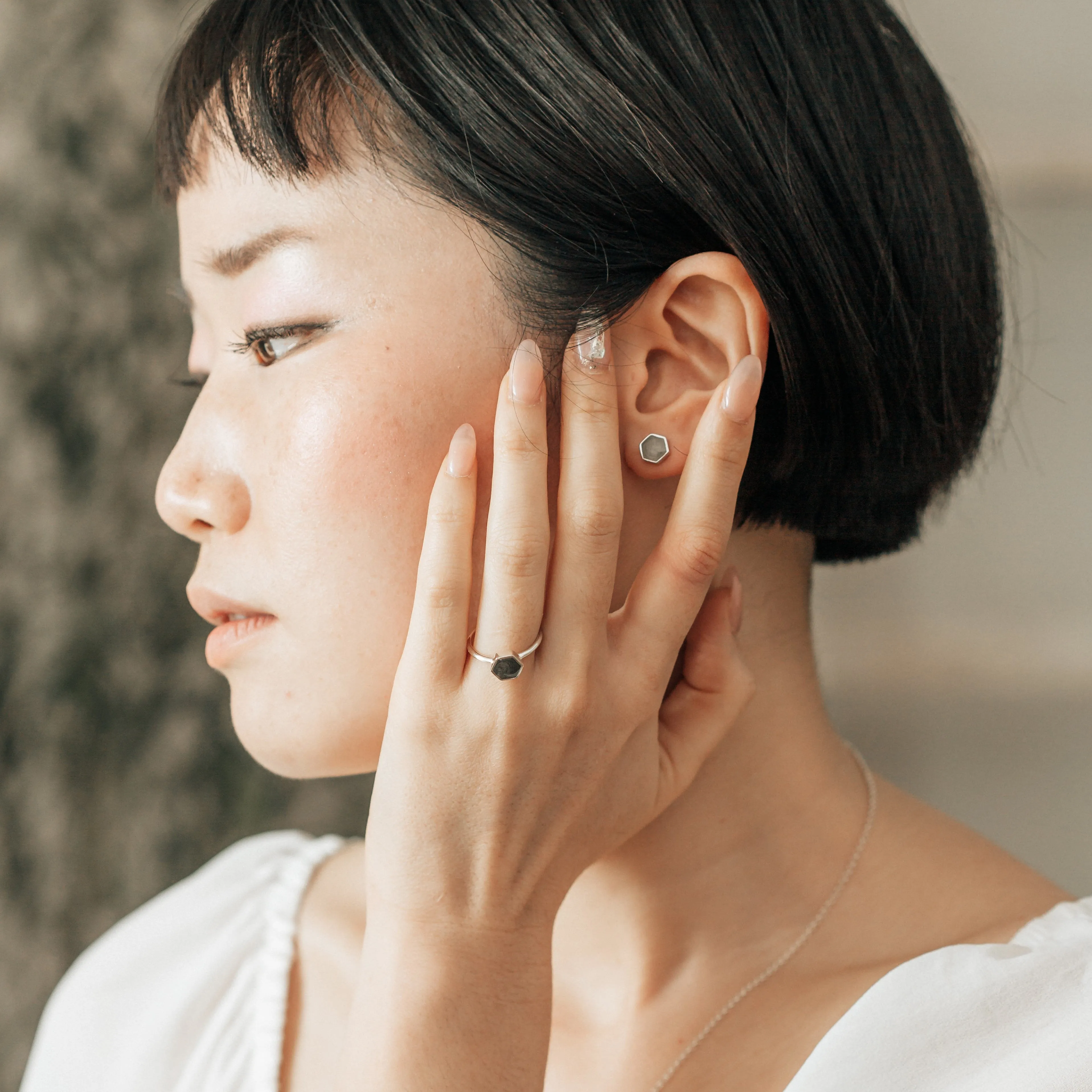 Hexagon Stud Cremation Earrings in Sterling Silver
