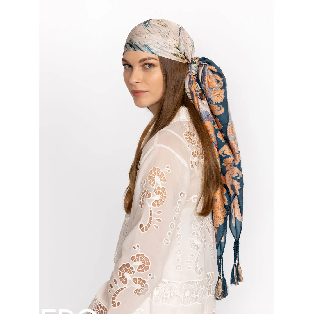 Johnny Was Vakash Scarf Silk Cream Tassels Scarves Floral Square Large Blue New