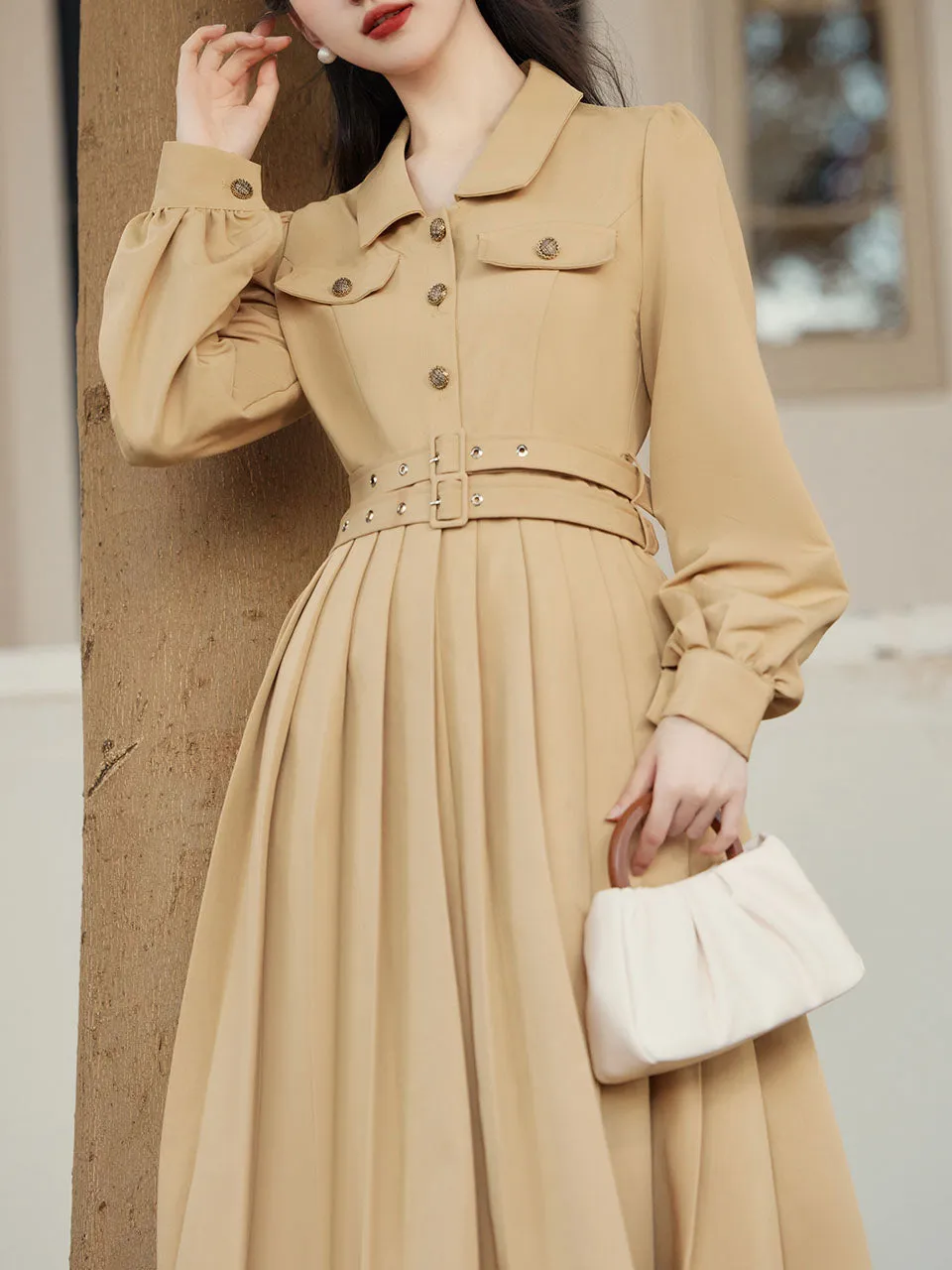 Khaki 1950S Windbreaker Dress With Gold Buttons