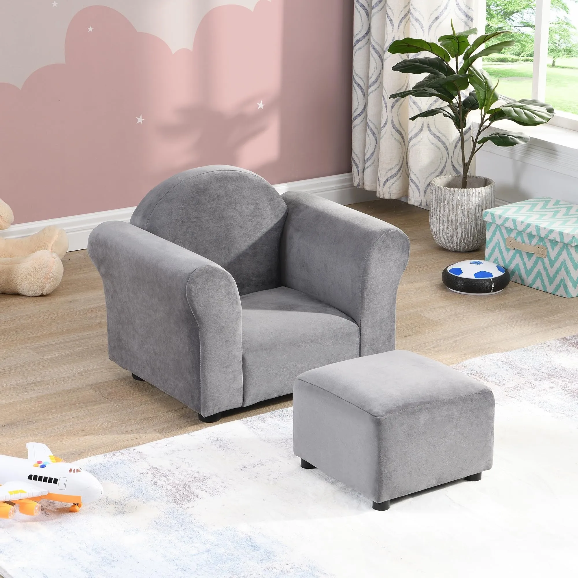 Kids Chair Upholstered Couch with Ottoman Grey Velvet Childproof