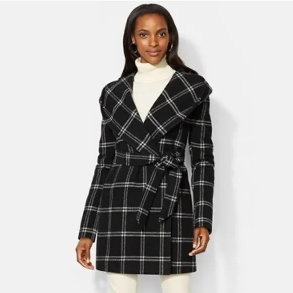 Lauren Ralph Lauren Windowpane Plaid Hooded Wrap Coat