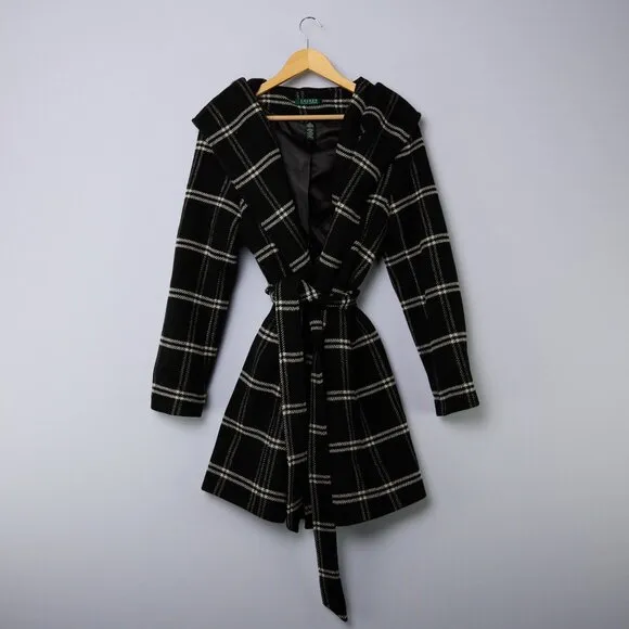 Lauren Ralph Lauren Windowpane Plaid Hooded Wrap Coat