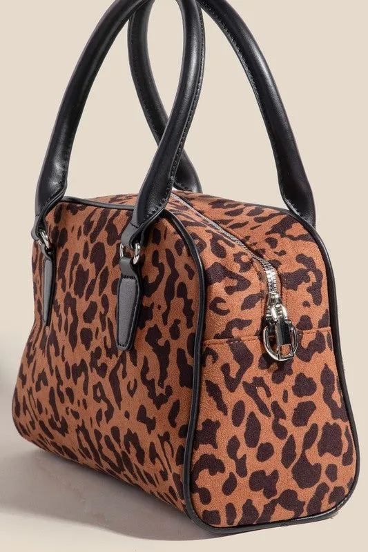 Leopard Faux Leather Handle Boxy Handbag