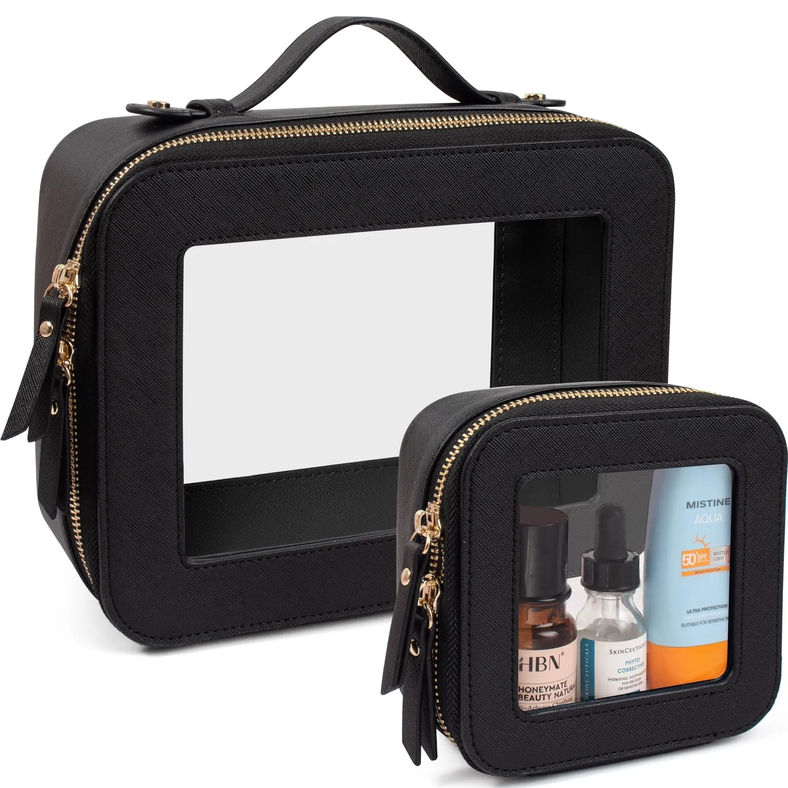 LETGO Clear Makeup Bags Set - TSA Approved Toiletry Bag with Handle Large Opening, Clear Toiletry Bags Case Pouch for Traveling Travel Car Orangizer Storage Essentials (Mini Large Black)