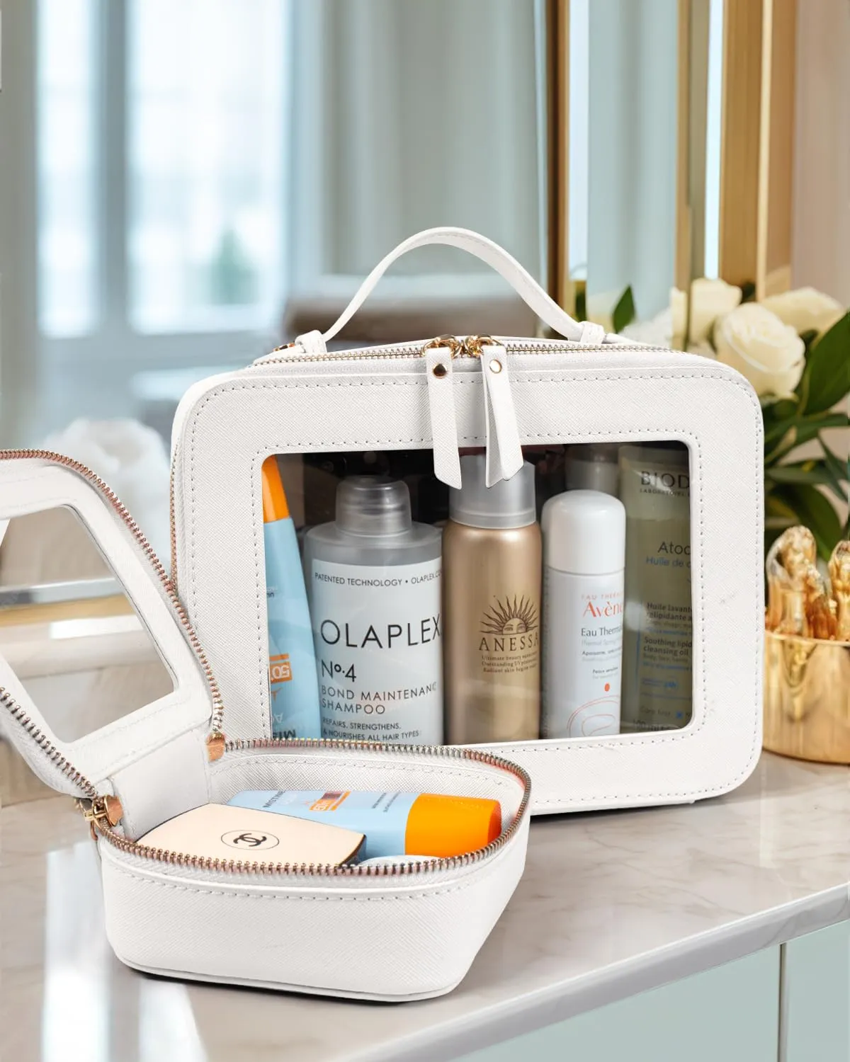 LETGO Clear Makeup Bags Set - TSA Approved Toiletry Bag with Handle Large Opening, Clear Toiletry Bags Case Pouch for Traveling Travel Car Orangizer Storage Essentials (Mini Large White)