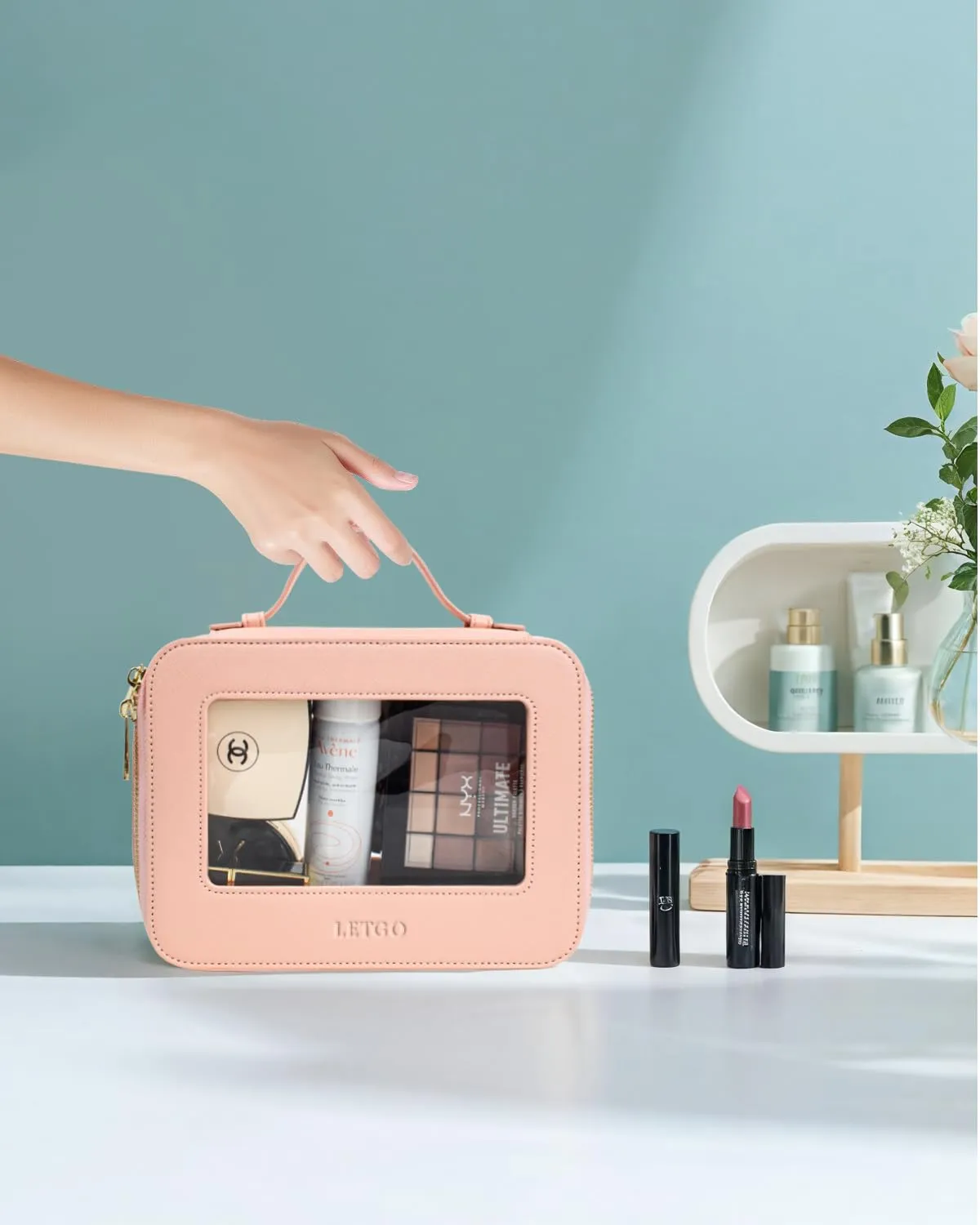 LETGO Clear Makeup Bags, TSA Approved Toiletry Bag with Zipper, Clear Makeup Organizer Fit Carry-on Travel Essentials,Clear Cosmetic Bags for Women Men (A-Pink)