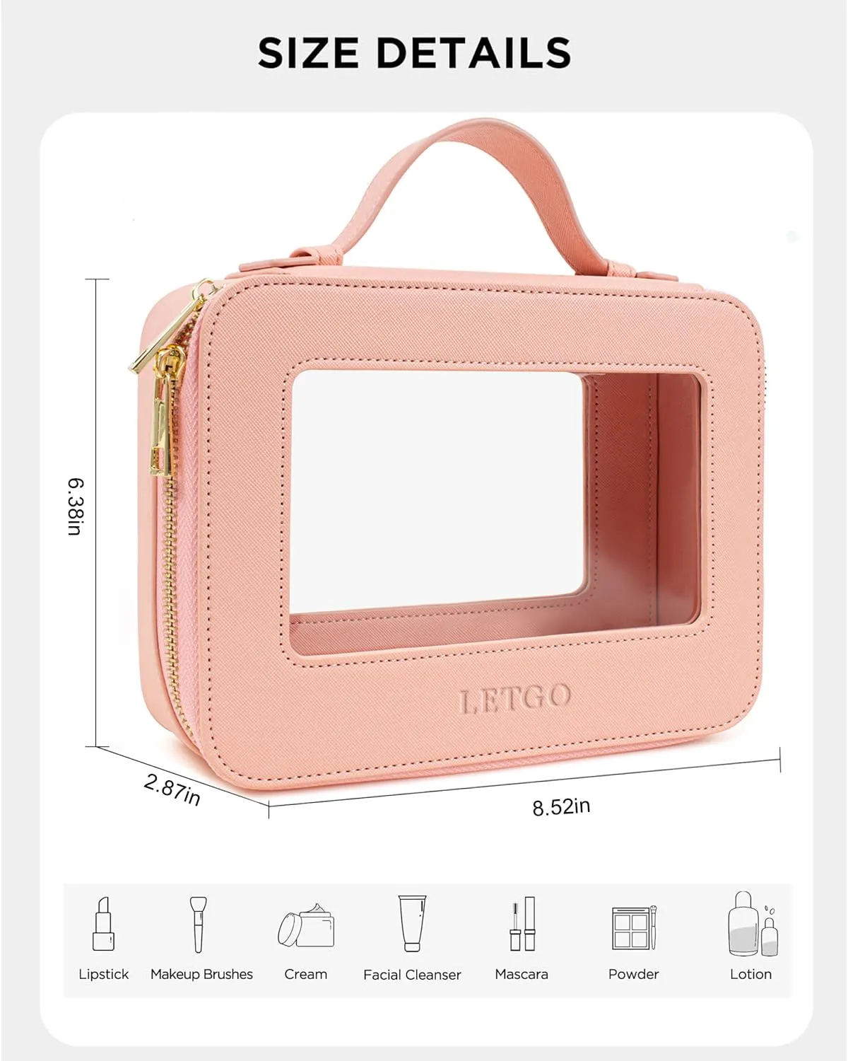 LETGO Clear Makeup Bags, TSA Approved Toiletry Bag with Zipper, Clear Makeup Organizer Fit Carry-on Travel Essentials,Clear Cosmetic Bags for Women Men (A-Pink)