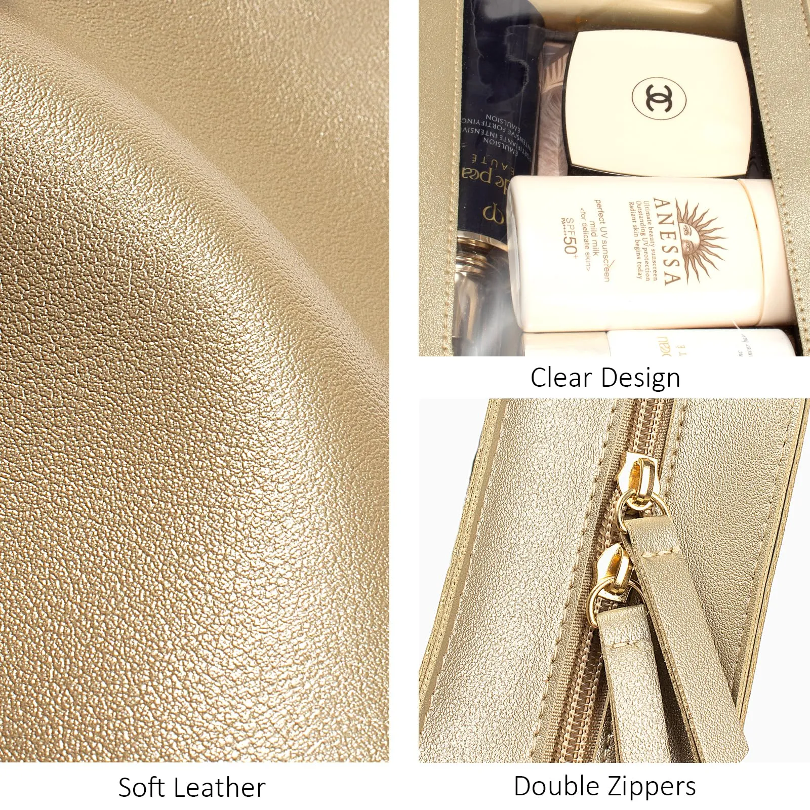 LETGO Clear Makeup Bags, TSA Approved Toiletry Bag with Zipper, Clear Makeup Organizer Fit Carry-on Travel Essentials,Clear Cosmetic Bags for Women Men (C-Gold)