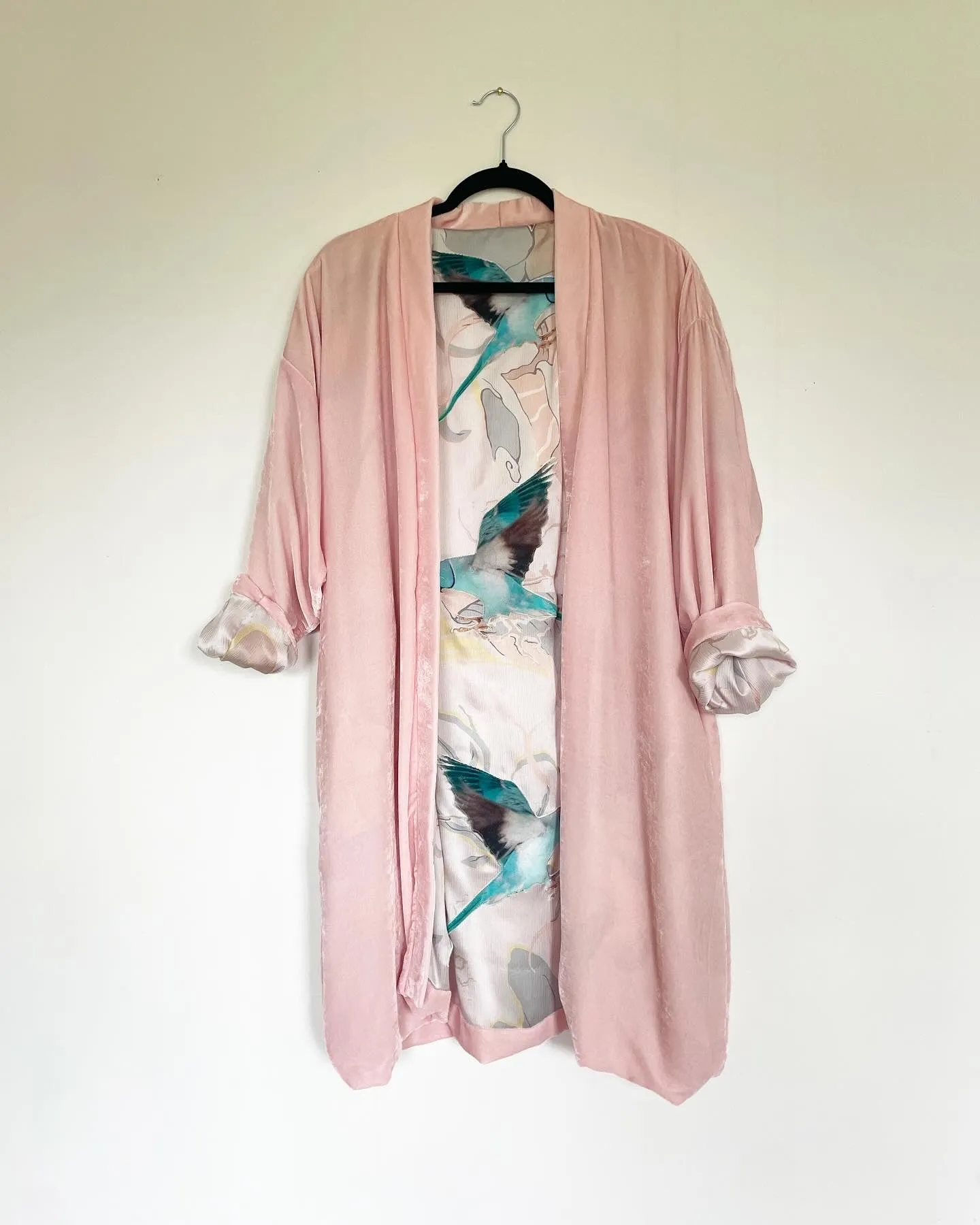 Light Pink Silk Velvet Caftan with Parakeet  Artwork