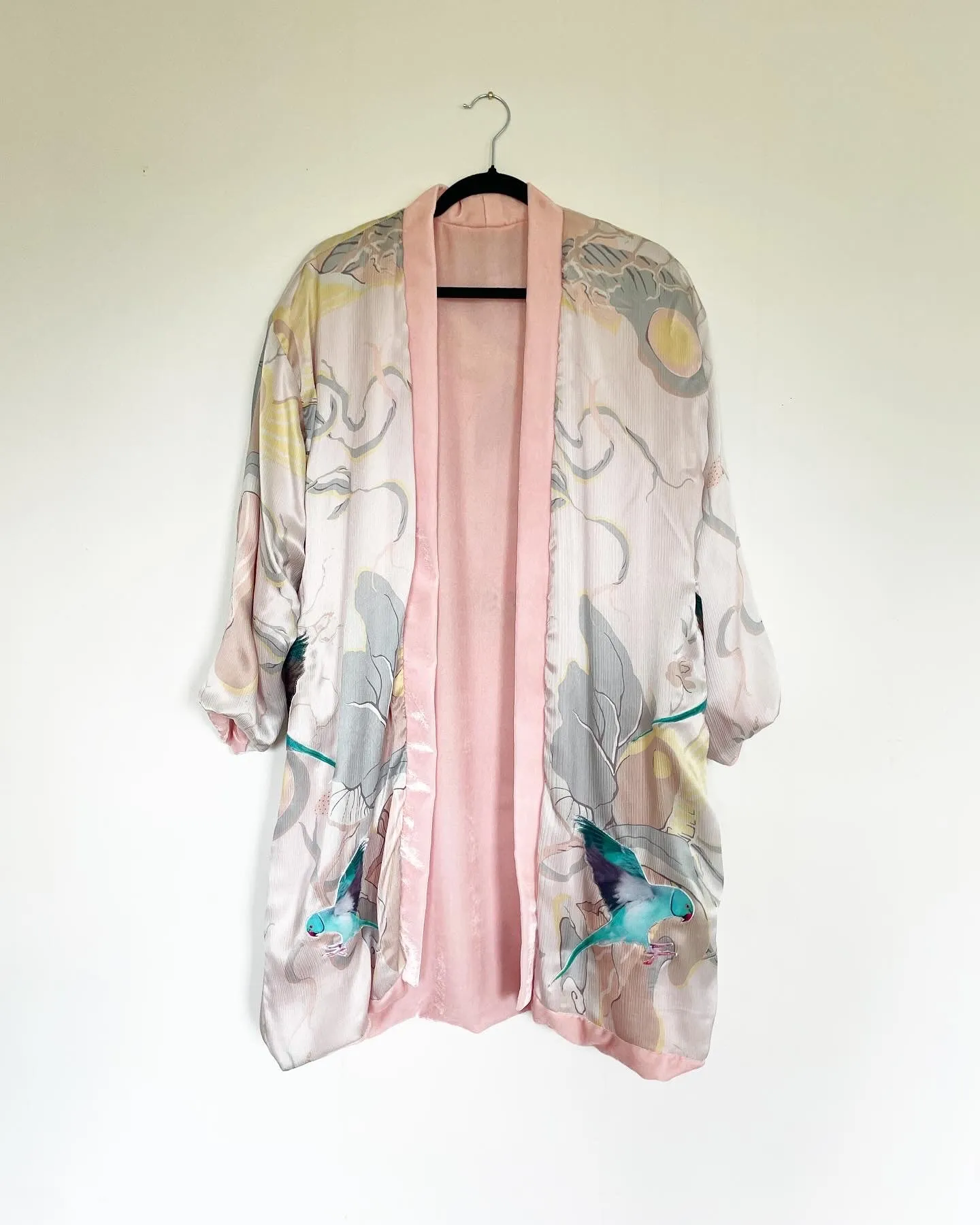 Light Pink Silk Velvet Caftan with Parakeet  Artwork