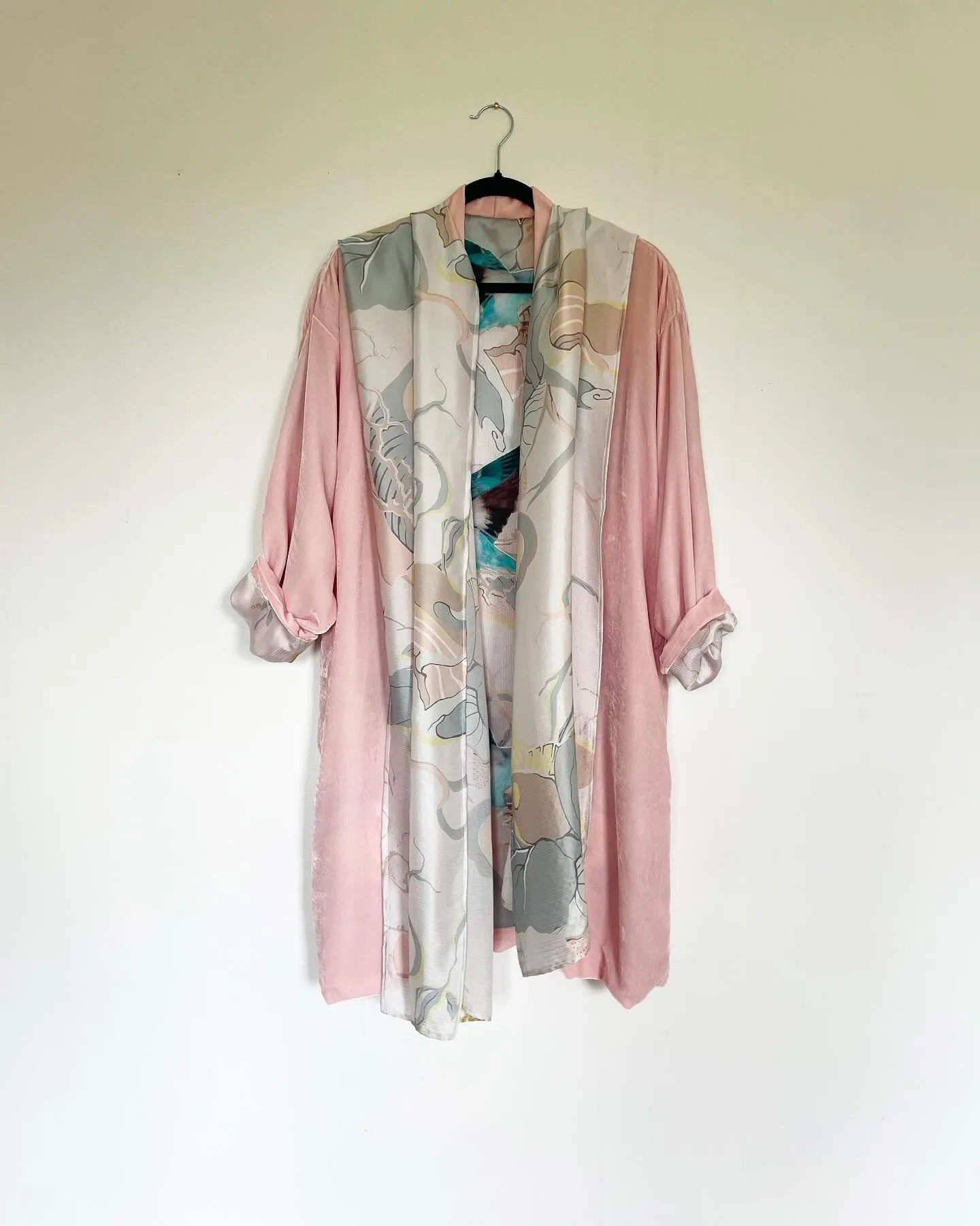 Light Pink Silk Velvet Caftan with Parakeet  Artwork