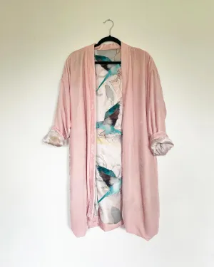 Light Pink Silk Velvet Caftan with Parakeet  Artwork