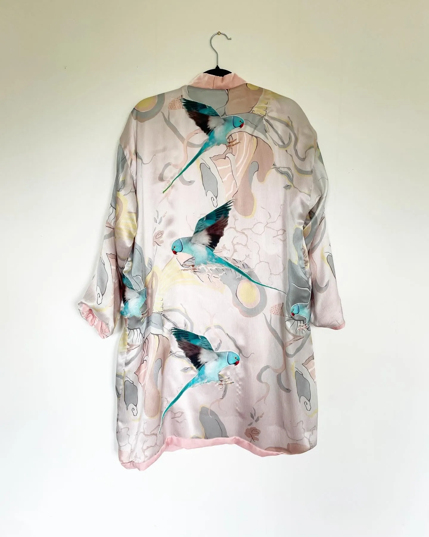Light Pink Silk Velvet Caftan with Parakeet  Artwork