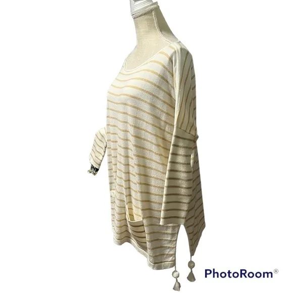 Lilly Pulitzer White tan stripes quarter sleeves oversized Elba sweater