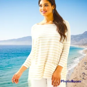 Lilly Pulitzer White tan stripes quarter sleeves oversized Elba sweater