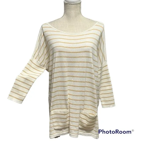 Lilly Pulitzer White tan stripes quarter sleeves oversized Elba sweater