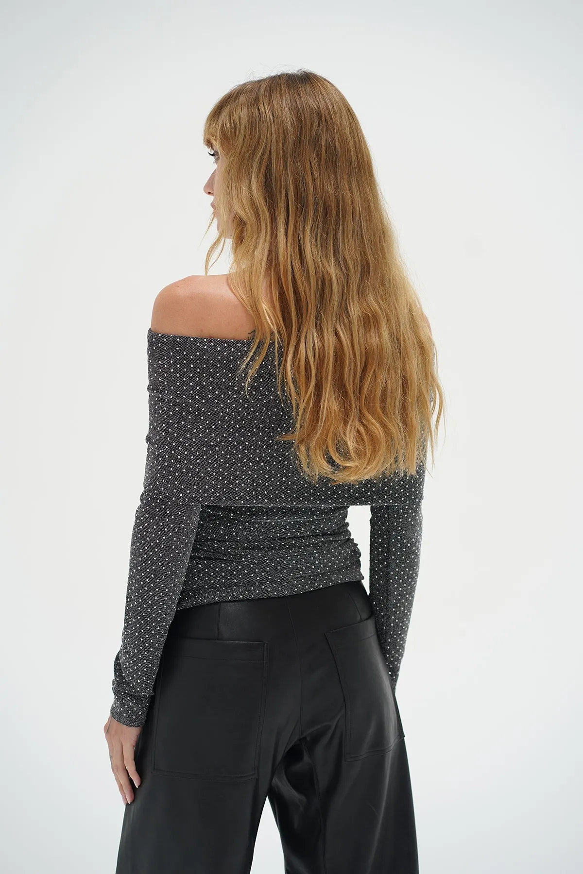 Liya Fold Over Rhinestone Top - Black Rhinestone