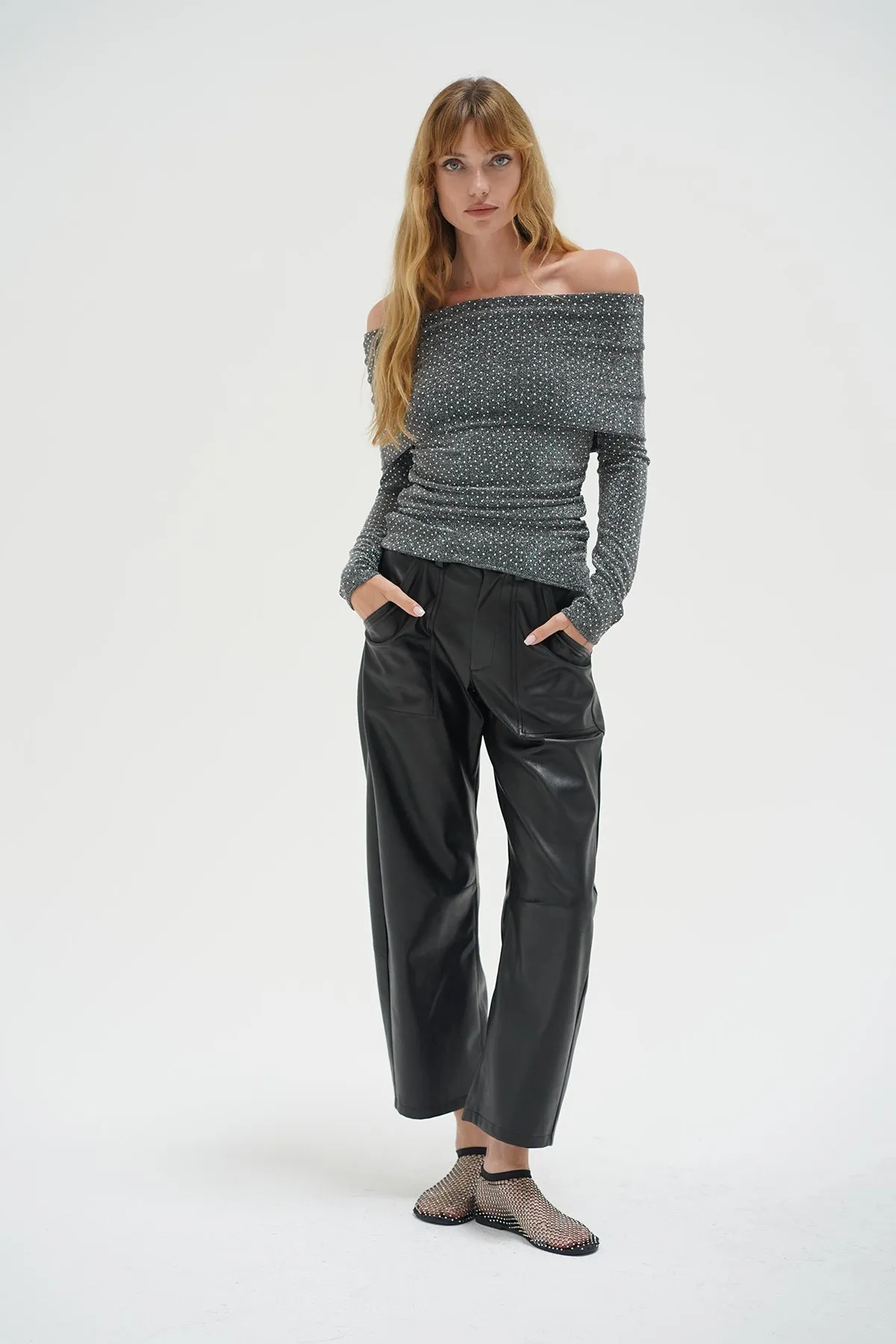 Liya Fold Over Rhinestone Top - Black Rhinestone