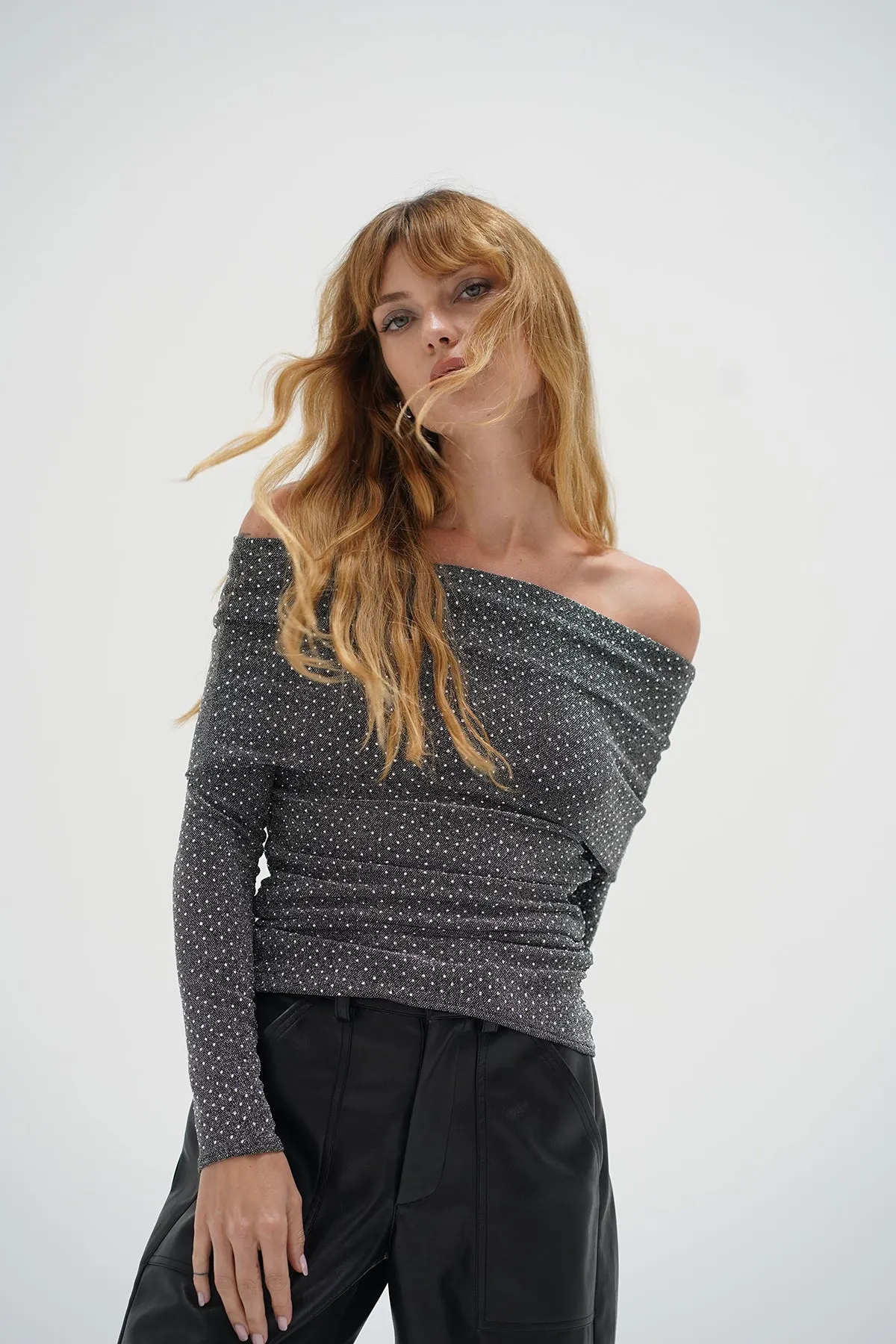 Liya Fold Over Rhinestone Top - Black Rhinestone
