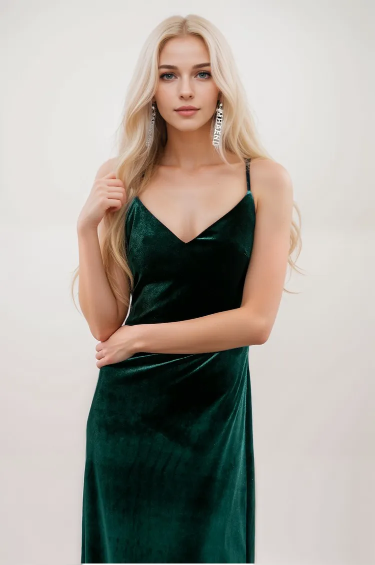 Long Velvet Fit-and-Flare Dress with Spaghetti Straps and Crisscross Back