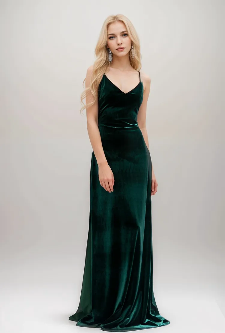 Long Velvet Fit-and-Flare Dress with Spaghetti Straps and Crisscross Back