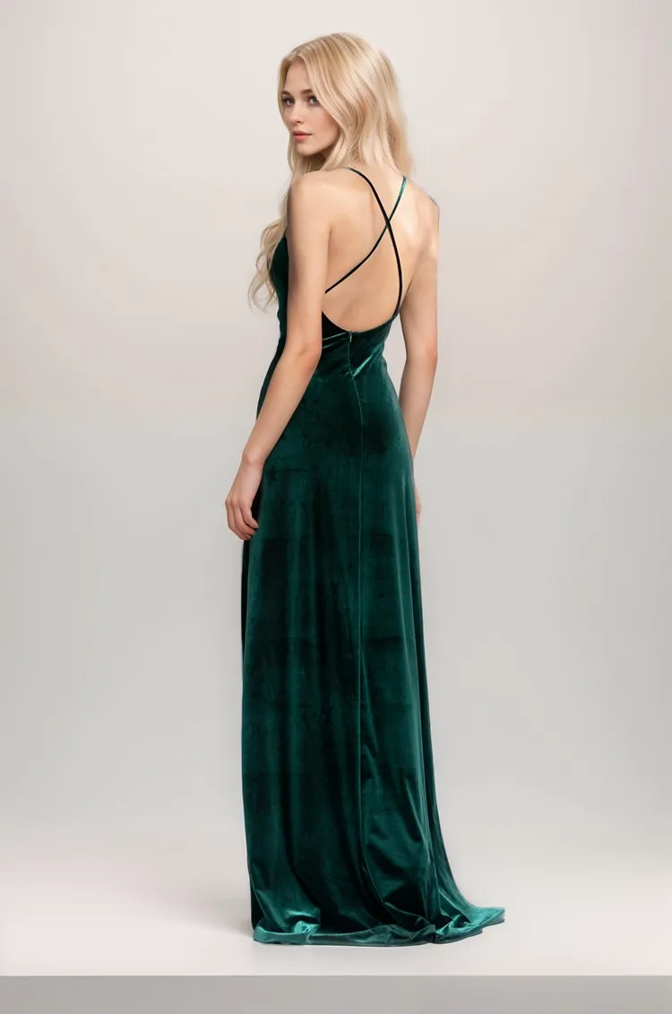 Long Velvet Fit-and-Flare Dress with Spaghetti Straps and Crisscross Back