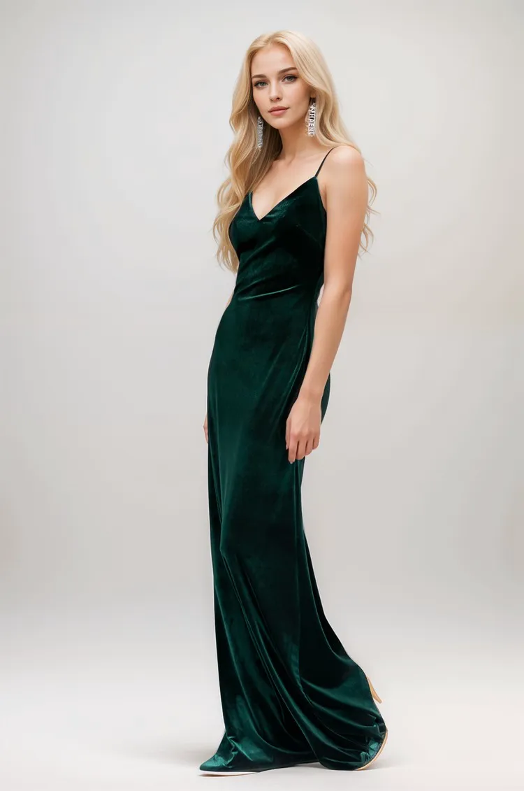 Long Velvet Fit-and-Flare Dress with Spaghetti Straps and Crisscross Back