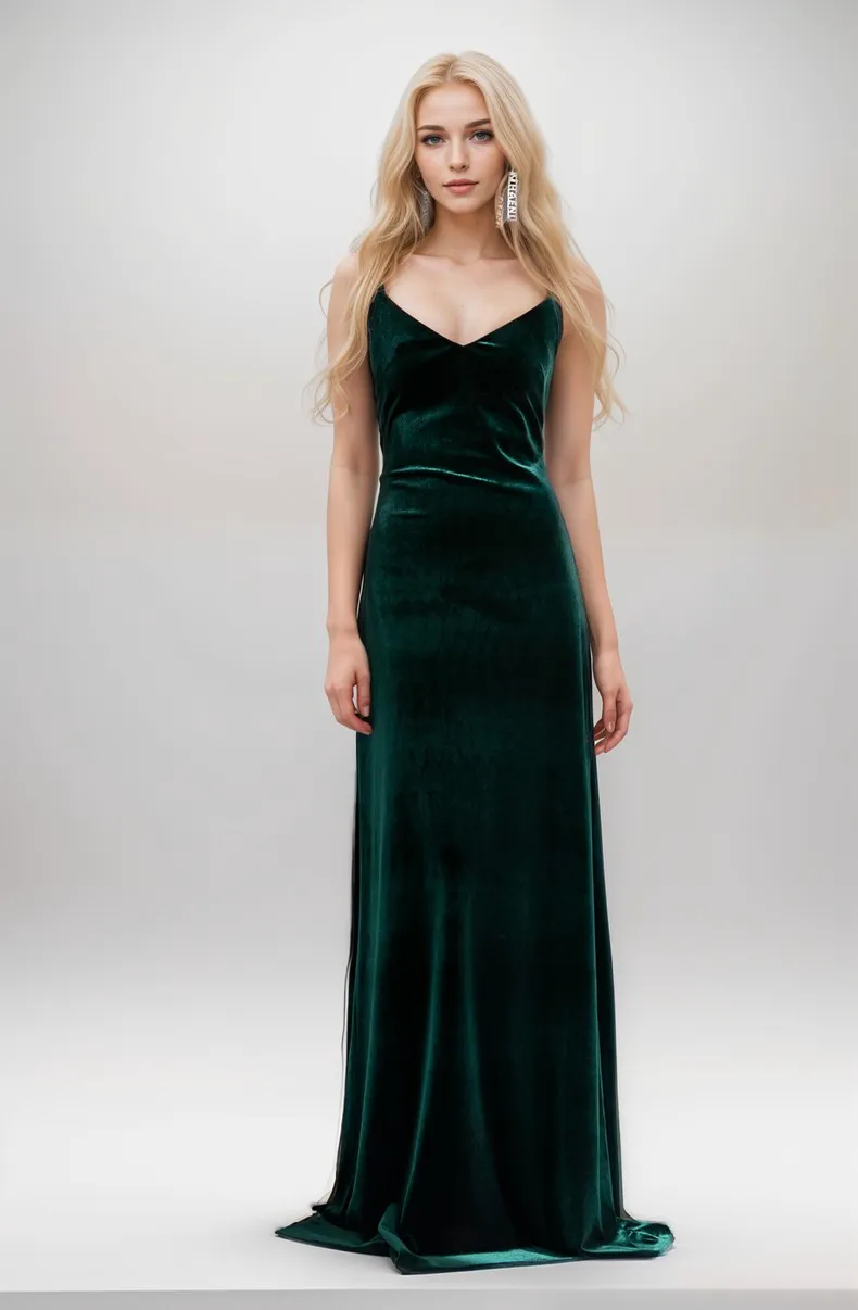Long Velvet Fit-and-Flare Dress with Spaghetti Straps and Crisscross Back